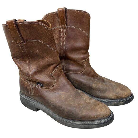Justin 4760 Work Boot Leather Brown Size 10 (READ) Men's Round Toe - Picture 1 of 12